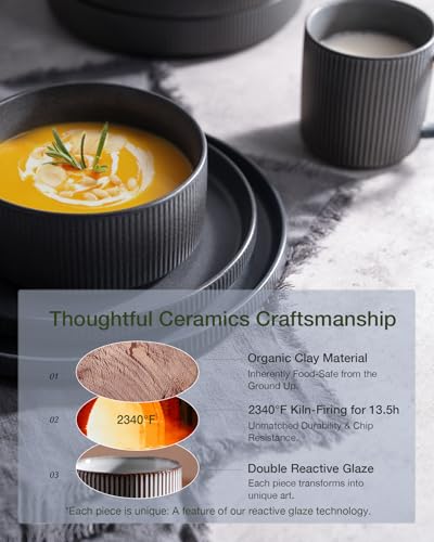 Star Stoneware Dinnerware Sets with Pasta Bowls (Matte Dark Charcoal)