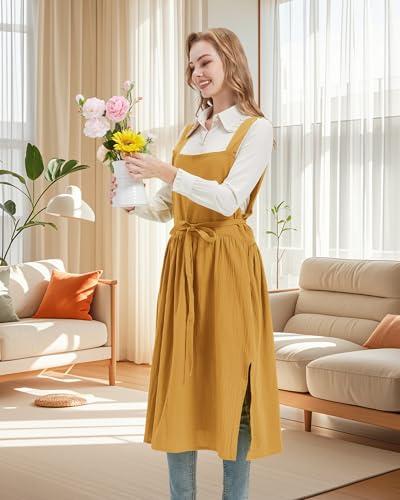 Cotton Apron Pinafore Dress for Women with Pockets Vintage Apron (Lightcoffee)