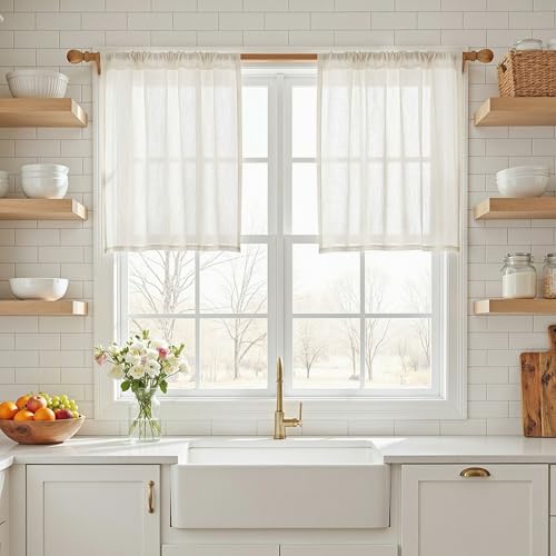 Semi Sheer Natural Linen Curtains 36 Inch Length (34"W x 36"L (Pack of 2) / Beige White)