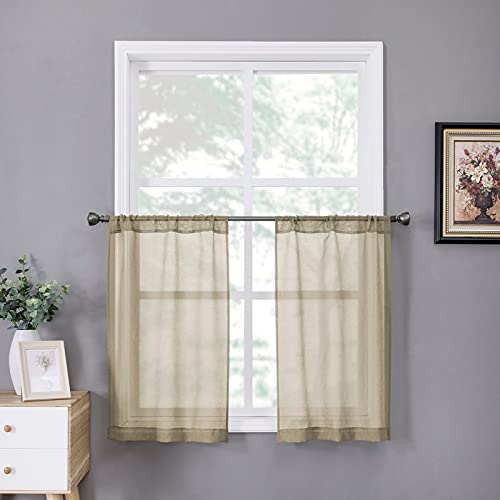 Short Sheer Tier Curtains Linen Textured Half Kitchen Curtain Sheers Light Filtering Rod Pocket Voile Small Curtain for Bathroom (25"W x 24"L (Pack of 2) / Taos Taupe)
