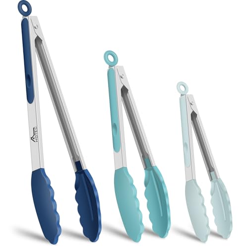 Premium Stainless Steel Locking Kitchen Tongs with Silicon Tips (Gradient Blue:12+9+7inch)
