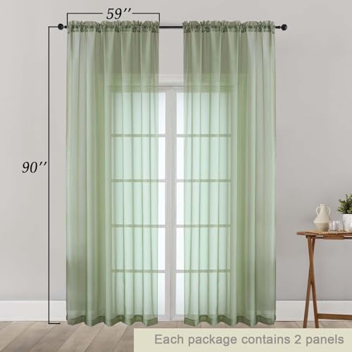 Sheer Green Curtains for Bedroom Living Room 90 Inches Long 2 Panels Set (Sage Green / 59"W x 90"L (Pack of 2))