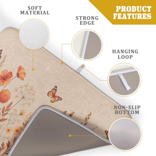Rustic Fall Flowers Dish Drying Mat Retro Autumn Orange Floral Butterfly Dish Drainer Mats 18"x24" Microfiber Reversible Dish Drying Rack Pad Protector for Kitchen Countertop Decor (24" x 18")
