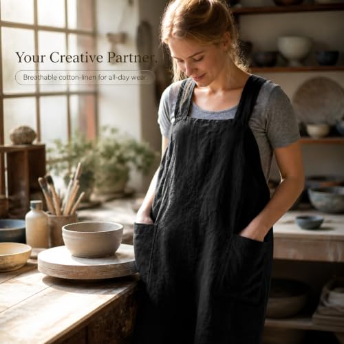 Cross Back Linen Cotton Apron with Pockets (Medium / Black)