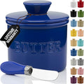 Butter Crock with Lid for Countertop with Spreader Knife and Water Line (Dark Blue / Regular)