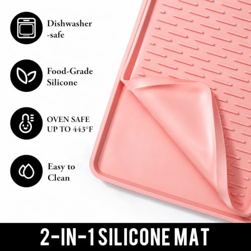 2 In 1 Silicone Coffee Bar Mat Accessories for espresso Machine with Detachable Dish Drying Mat Easy to Clean Kitchen Cafetera Barista Tools Pink Home Decor Cut Girls Anniversary Gifts (Pink / 16" x 16")