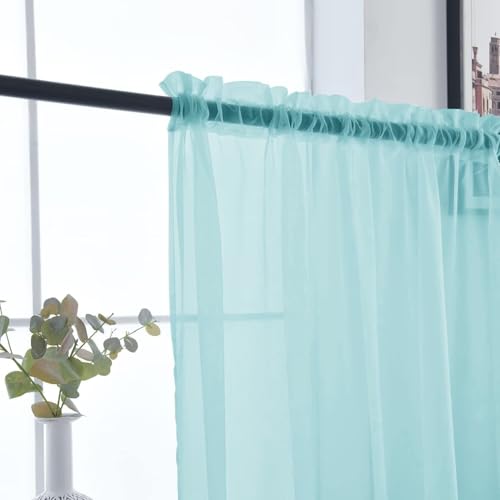 Basic Rod Pocket Sheer Voile Window Curtain Panels Sky Blue 1 Pair 2 Panels 52 Width 96 Inch Long for Kitchen Bedroom Children Living Room Yard（Sky Blue (Sky Blue / 52"W x 96"L (Pack of 2))