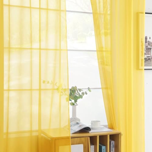 Solid Sheer Rod Pocket Curtain Voile Draperies 2 Panels White Beige Black Grey Coffee 52 Inch Width 72 Inch Long 1 Pair for Kitchen Bedroom Children Living Room Yard (Yellow / 52"W x 72"L (Pack of 2))