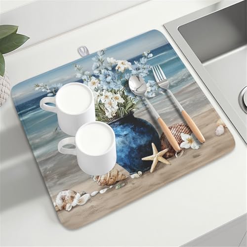 Summer Beach Dish Drying Mat for Kitchen Counter Nautical Coastal Blue Ocean Vase Floral Seashells Microfiber Dish Drainer Mat Absorbent Washable Drying Pad 16"x18" (Summer Beach / 18" x 16")
