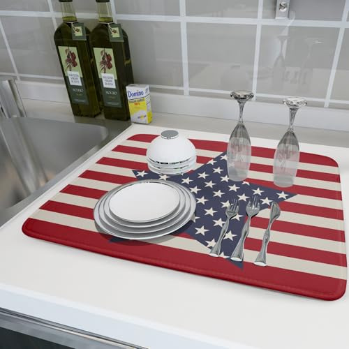 Blue Star Patriotic July of 4th Dish Drying Mat for Kitchen Counter 18x24 Independence Day Red Striped Absorbent Reversible Microfiber Drying Mats Kitchen Countertop Protector Dishes Drainer Rack Pad (18" x 24")
