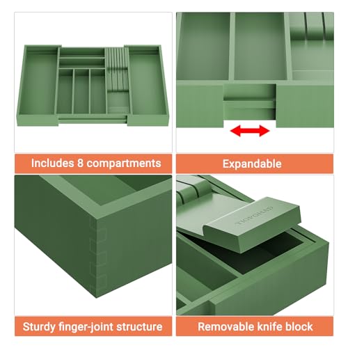 Expandable Bamboo Silverware Drawer Organizer Tray (Grayish Green / Large)