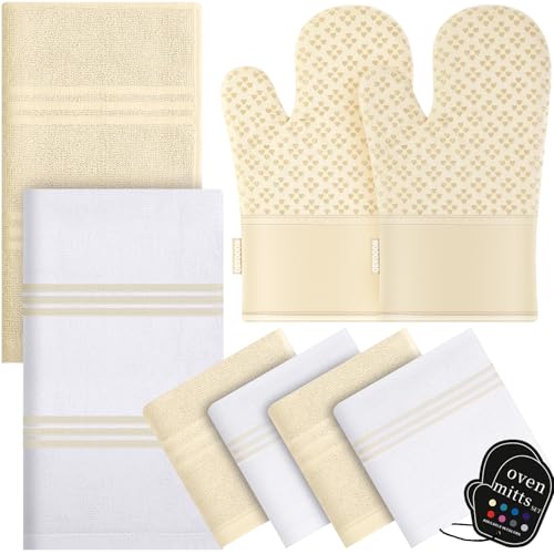 Dish Towels and Dishcloths with Oven Mitts Sets (Beige)