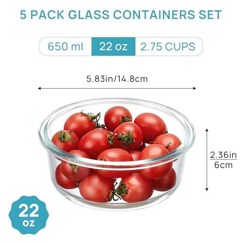5Pack 22oz Glass Storage Containers with Lids (Green / 22oz-Round)