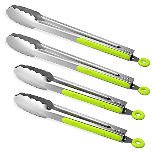 304 Stainless Steel Locking Kitchen Tongs (9" & 9" & 12" & 12" / Green)