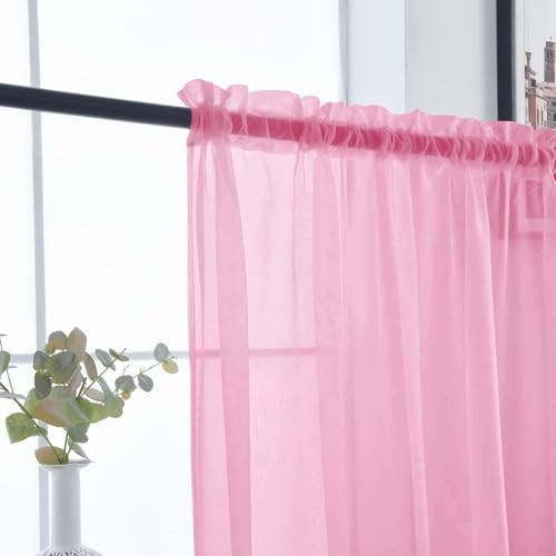 Basic Rod Pocket Sheer Voile Window Curtain Panels Pink 1 Pair 2 Panels 26 Width 24 Inch Long for Kitchen Bedroom Children Living Room Yard（Pink (Pink / 26"W x 24"L (Pack of 2))