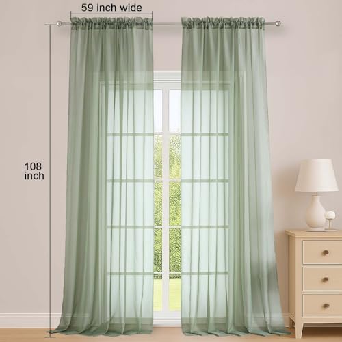 Sage Green Sheer Curtains 108 Inch 2 Panels for Living Room 59" Wide (Sage Green / 59"W x 108"L (Pack of 2))