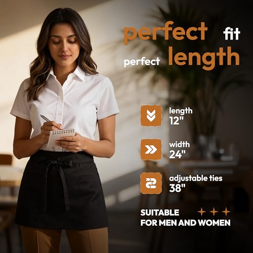 3 Pack Black Server Waist Aprons with 3 Pockets (Black Waist Apron - 3 Pack)