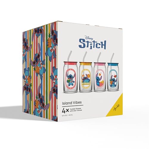 Disney Stitch Island Vibes Glass Tumblers with Lids and Straws (Stitch)