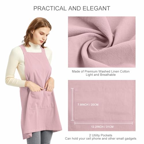 Aprons for Women with Pockets Unisex Comfort Cross Back No Tie Cotton Linen Apron Pinafore for Cooking Painting Floral Arrangement Gardening Cleaning Pink (Pink / Medium)