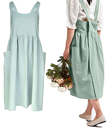 Women Girls Cross Back Apron Gardening Works Cotton Aprons Pinafore Dress (Green / 32.3" x 41.3")