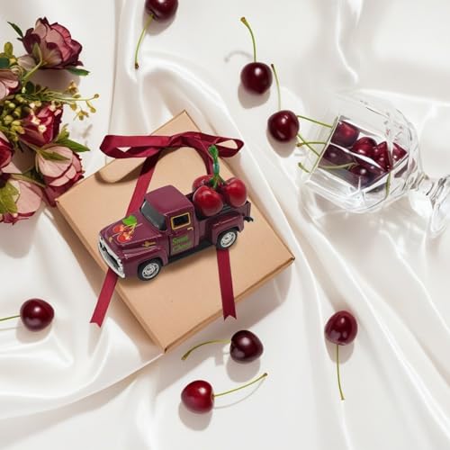 Cherry Decor 4.9″Sweet Cherry Mini Vintage Metal Truck with 3 Fake Cherries for Themed Party Decorations (Cherry-burgundy)