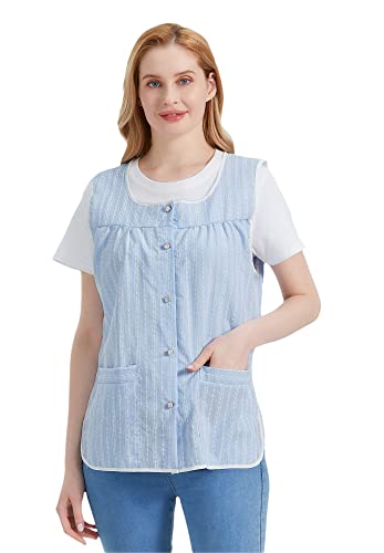 Cobbler Aprons for Women with Pockets Smock Apron with Buttons (Medium / Blue Stripes)