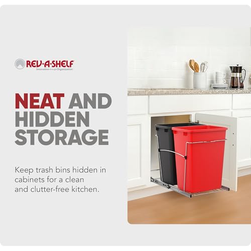 RV-18KD-1618C-S Double Pullout Trash Can for Kitchen Cabinets 35 Qt Garbage Recycling Bin on Full Extension Slides, Red/Black (Red & Black)