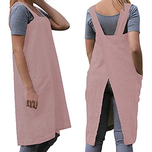 Women's Cross Back Pinafore Apron with Large Pockets Home Kitchen (Small / Pink)