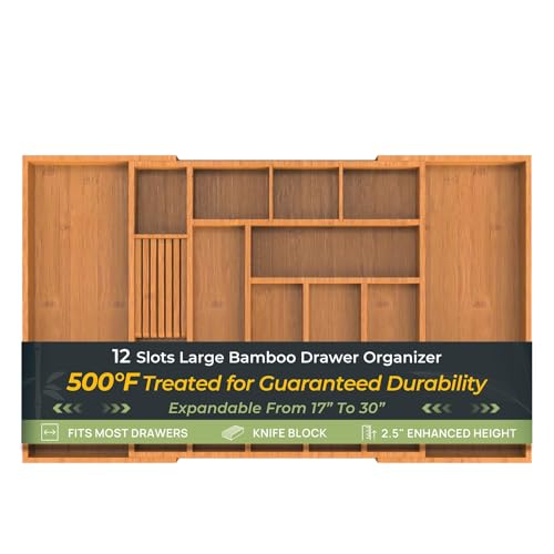 Carbonized Large Bamboo Kitchen Drawer Organizer (12 Slots（Large & Expandable）)