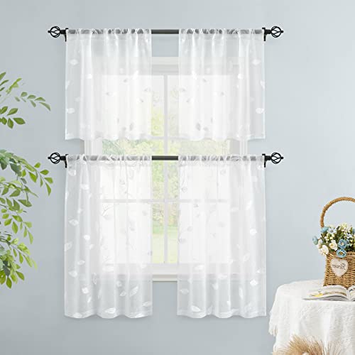 White Kitchen Sheer Tier Curtains Leaf Embroidered (30"W x 36"L (Pack of 2) / 4-white)