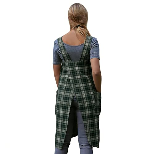 Women's Pinafore Square Apron Baking Cooking Gardening Works Cross Back Cotton (X-Large / Gingham-green)