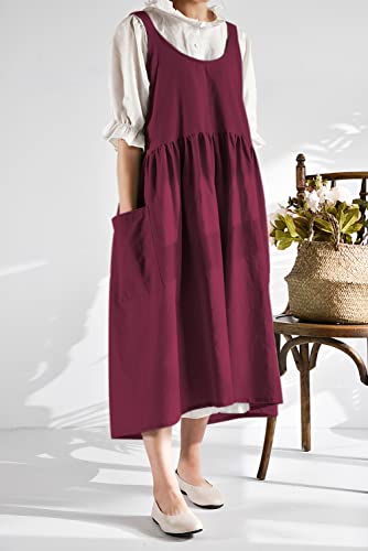 Japanese Cotton Cross Back Pinafore Apron for Women with Pockets Burgundy (06 - Magenta Apron Without Waist Ties)