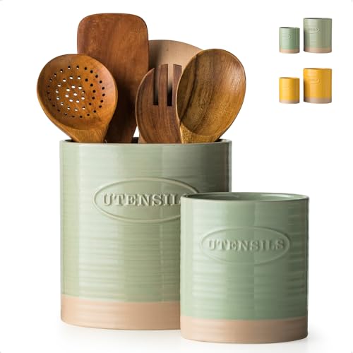 Kitchen Utensil Holder Set of 2 (Set of 2 (6.7 inches + 5.1 inches) / C-Green & Clay)