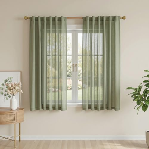 Sage Green Sheer Curtains 63 inch Length Semi Sheer Curtains for Bedroom Light Filtering Short Window Treatment Privacy Protect Boho Farmhouse Soft Drapes Set (50"W x 63"L (Pack of 2) / Sage Green-new)