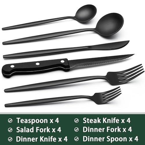 24 Piece Black Silverware Set with Steak Knives (Long Edge)