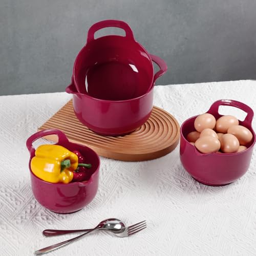 4 Pack Nesting Mixing Bowl Set with Pour Spout and Handle (Deep Carmine)