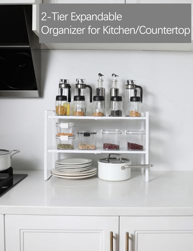 2 Tier Expandable Organizer Shelf for Kitchen Cabinet (8.2''D * 12.2-21.6''W * 14.2''H(2 Tier) / White)