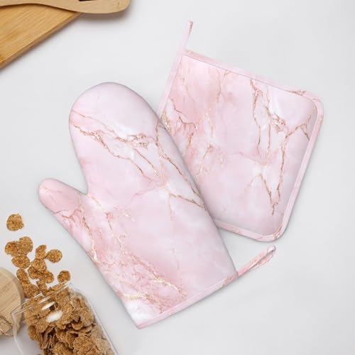 Oven Mitts and Pot Holders Light Pink Marble Art Silicone Kitchen Accessories Set of 4 Heat Resistant Long Gloves Potholder Non (A06321111)