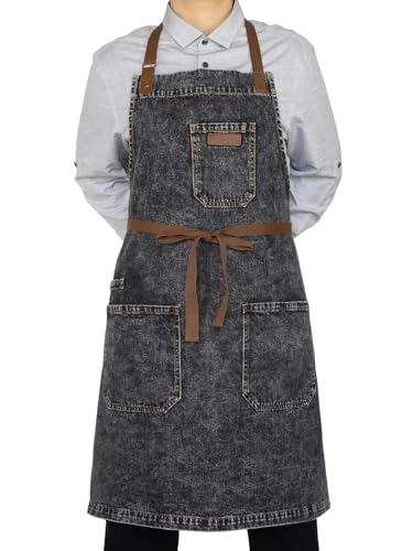 Black Denim Grill Apron with Pockets & Towel Loop for Men Women (Black Denim -1)