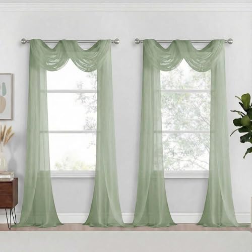 Green Sheer Curtains 216 Inches Long (42"W x 216"L (Pack of 2) / Sage Green)