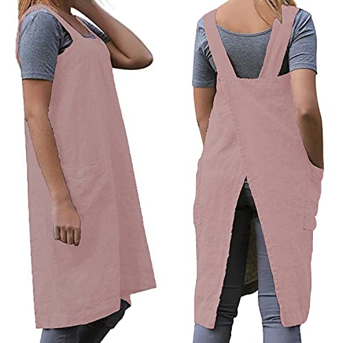Cotton Linen Apron Cross Back Apron for Women with Big Pockets Square Pinafore Dress for Baking Cooking BBQ & Grill (Pink / Large)