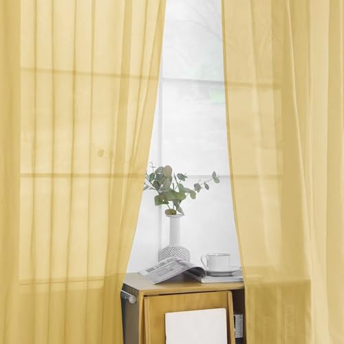 Solid Sheer Rod Pocket Curtain Voile Draperies 2 Panels White Beige Black Grey Ivory 52 Inch Width 108 Inch Long 1 Pair for Kitchen Bedroom Children Living Room Yard (Gold / 52"W x 108"L (Pack of 2))
