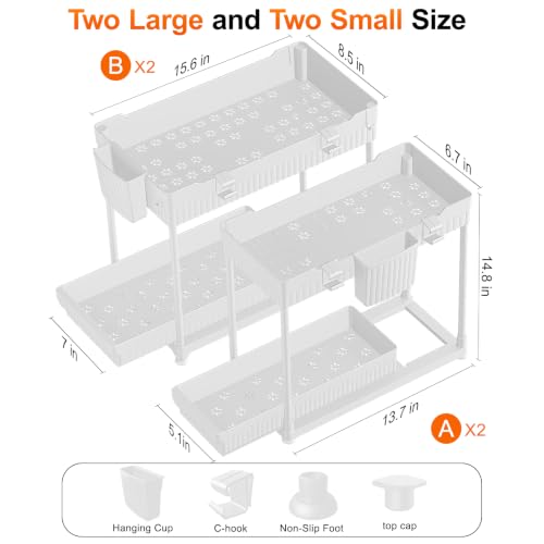 4-Pack 2-Tier Under Sink Organizer with Pull Out Drawers (White / 14.8 Inch)