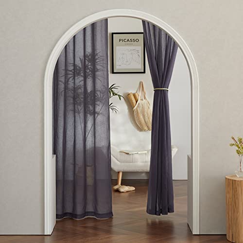 Flax Linen Sheer Curtains for Living Room (52"W x 84"L (Pack of 2) / Purple Brown)
