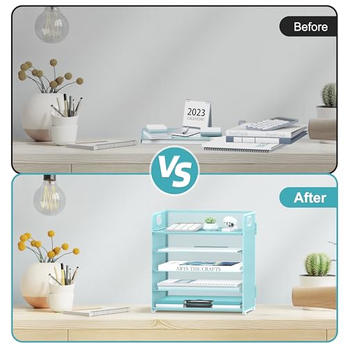 5 Trays Paper Organizer Letter Tray with Handle (Blue)