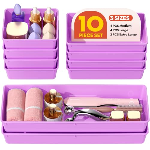 10 Pack Large Size Plastic Drawer Organizers Set (Purple)
