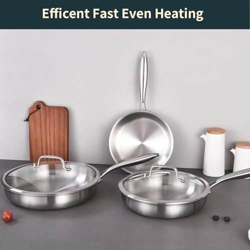 Tri ply Stainless Steel Frying Pan Set with Lid 8" 10" 12" (Stainless Steel)