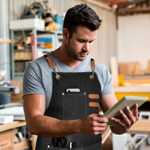 Chef Apron for Men Women Canvas Aprons with 3 Pockets Cross Back Resistant Work Apron for Cooking Grilling Baking BBQ Barber Kitchen (Pure Black)