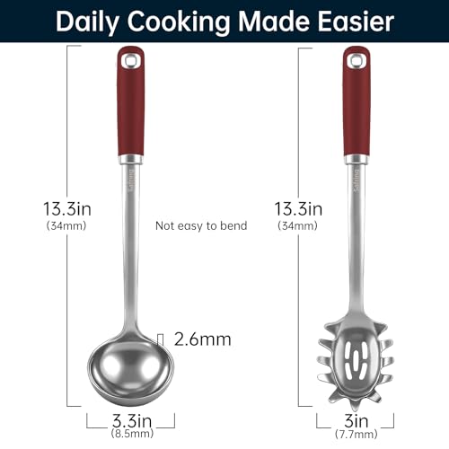 Stainless Steel Soup Ladle and Spaghetti Spoon Set (Red)