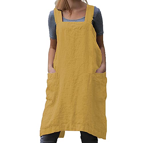 Cotton Linen Apron Blend Dress with Big Pockets for Women Square Pinafore Dress for Baking Cooking BBQ & Grill (Yellow / Large)